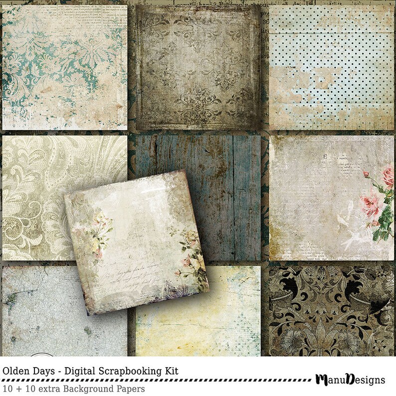 May include: A digital scrapbooking kit with 10 background papers featuring vintage patterns and textures. The papers include floral designs, wood grain, and damask patterns in shades of blue, green, brown, and white.