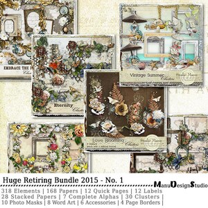 May include: A digital scrapbooking kit with a vintage summer theme. The kit includes 318 elements, 168 papers, 12 quick pages, 12 labels, 28 stacked papers, 7 complete alphas, 30 clusters, 10 photo masks, 8 word art, 6 accessories, and 4 page borders.