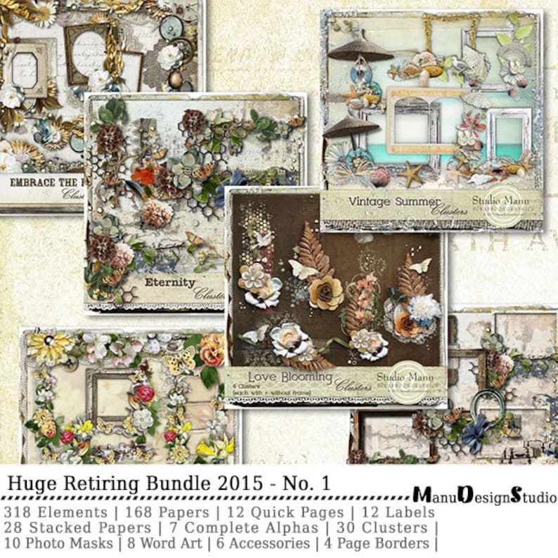 May include: A digital scrapbooking kit with a vintage summer theme. The kit includes 318 elements, 168 papers, 12 quick pages, 12 labels, 28 stacked papers, 7 complete alphas, 30 clusters, 10 photo masks, 8 word art, 6 accessories, and 4 page borders.