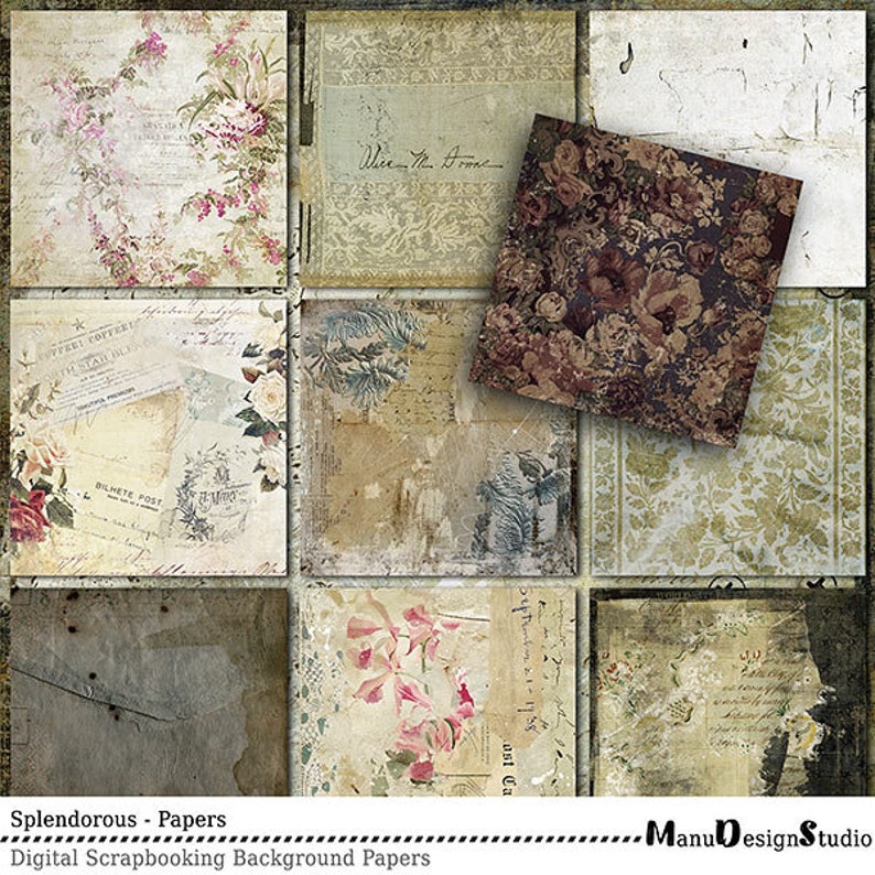 May include: A digital paper pack with nine vintage-style designs. The papers feature floral patterns, old letters, and faded textures in shades of brown, cream, and pink.