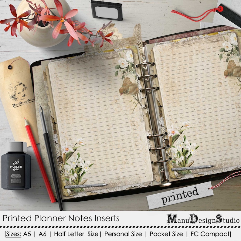 May include: A set of printable planner notes inserts with a vintage floral design. The inserts are printed on aged paper with a distressed look. The text "printed" is visible on the page. The sizes available are A5, A6, Half Letter, Personal, Pocket, and FC Compact.