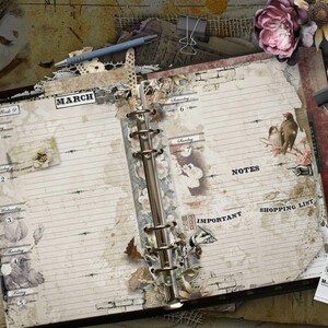 May include: An open ring-bound planner with a vintage aesthetic, featuring pages labelled March, Week 9, Monday through Sunday, Notes, Important, and Shopping List. The planner includes floral and bird illustrations, a blue pen, scissors, and cotton stems.