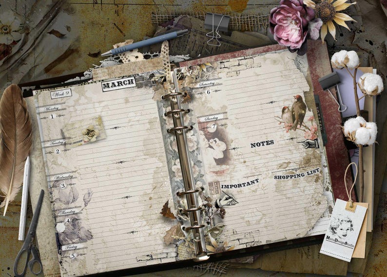May include: An open ring-bound planner with a vintage aesthetic, featuring pages labelled March, Week 9, Monday through Sunday, Notes, Important, and Shopping List. The planner includes floral and bird illustrations, a blue pen, scissors, and cotton stems.
