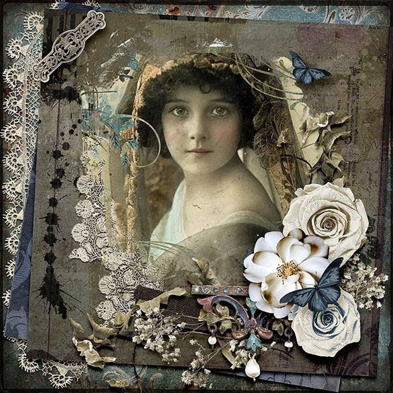May include: Vintage-style artwork featuring a portrait of a woman with a soft, dreamy expression. The image is adorned with decorative elements like lace, butterflies, and roses in muted tones of blue, cream, and brown, creating a nostalgic feel.
