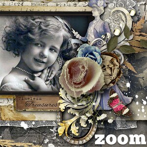 May include: A vintage-style collage with a black and white portrait of a young girl wearing a pearl necklace. The collage includes a sepia-toned illustration of a woman in a blue dress, fabric roses, a butterfly, and the text "Timeless Treasures".
