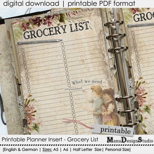 May include: Printable grocery list planner insert with a vintage floral design. The list has a title "Grocery List" and a section for "What we need, important". The insert is available in A5, A6, Half Letter and Personal sizes.