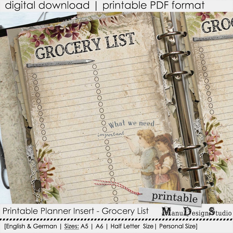 May include: Printable grocery list planner insert with a vintage floral design. The list has a title "Grocery List" and a section for "What we need, important". The insert is available in A5, A6, Half Letter and Personal sizes.