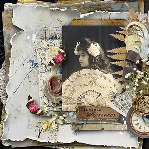 May include: A vintage-style scrapbook page with a black and white photo of a young girl holding a fan. The page is decorated with lace, butterflies, flowers, and a brown leather tag that says "Timeless Treasures".