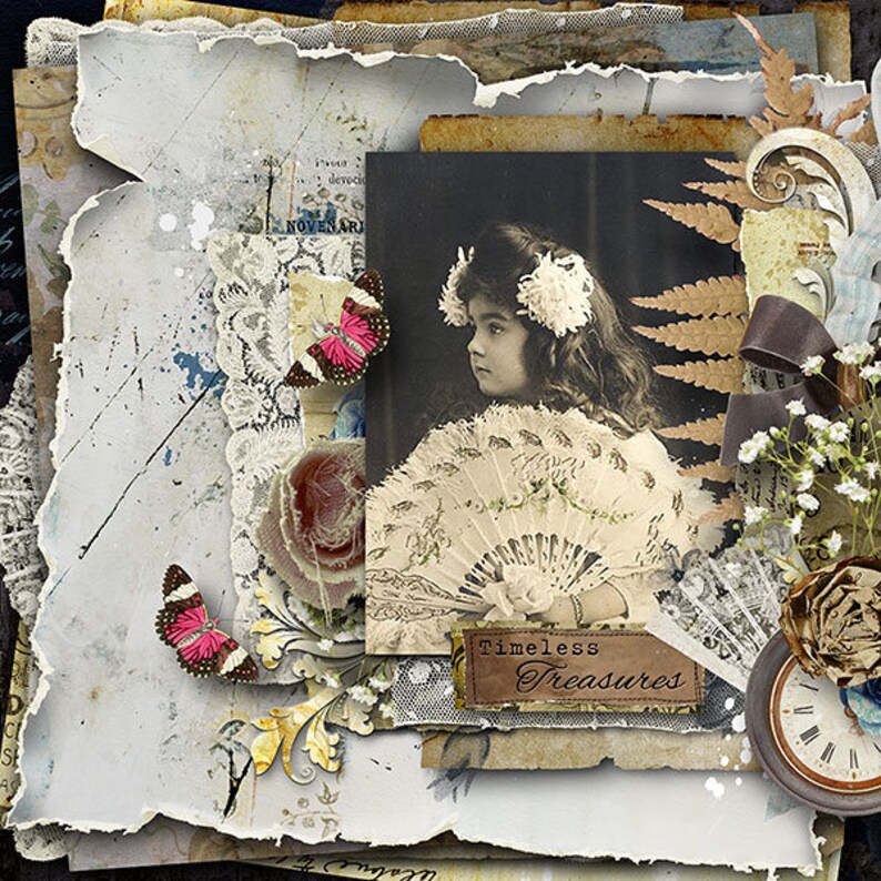 May include: A vintage-style scrapbook page with a black and white photo of a young girl holding a fan. The page is decorated with lace, butterflies, flowers, and a brown leather tag that says "Timeless Treasures".