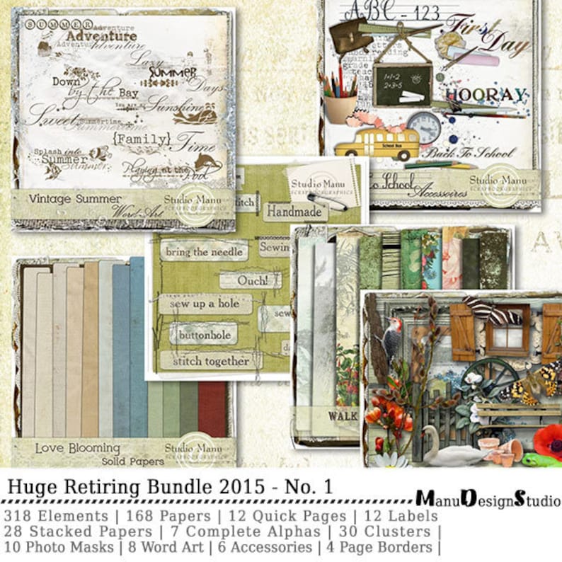 May include: A digital scrapbooking kit with a vintage summer theme. The kit includes 318 elements, 168 papers, 12 quick pages, 12 labels, 28 stacked papers, 7 complete alphas, 30 clusters, 10 photo masks, 8 word art, 6 accessories, and 4 page borders. The kit features a variety of colors and designs, including vintage floral patterns, summery colors, and cute illustrations.