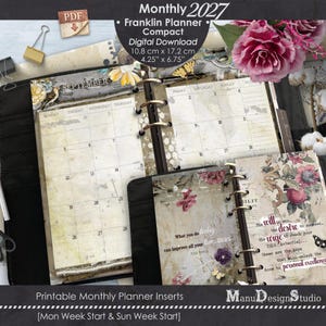 Könnte beinhalten: Ein Franklin Planner Kompakt-Planer für 2027 als digitaler Download mit Monatskalender-Einlagen in 10,8 cm x 17,2 cm. Die Seiten zeigen florale Vintage-Illustrationen, Schmetterlinge und inspirierende Zitate auf beigem Hintergrund.
