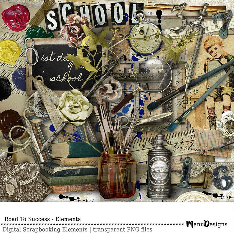 May include: A digital scrapbooking kit with a vintage school theme. The kit includes images of a clock, a magnifying glass, paintbrushes, a jar of ink, a ruler, a chalkboard, and a book. The kit also includes the words "School" and "1st day of school".