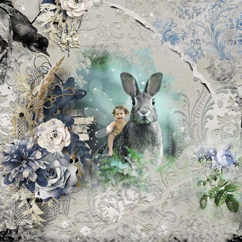 May include: A whimsical digital art print featuring a fairy riding a gray rabbit in a blue and green forest setting. The background is a white and gray textured design with blue floral accents.