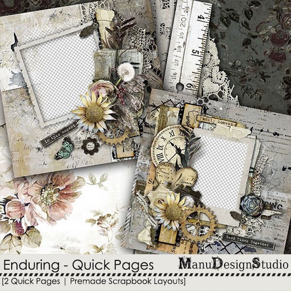 Vintage Premade Digital Scrapbook Pages, 12x12 Enduring 