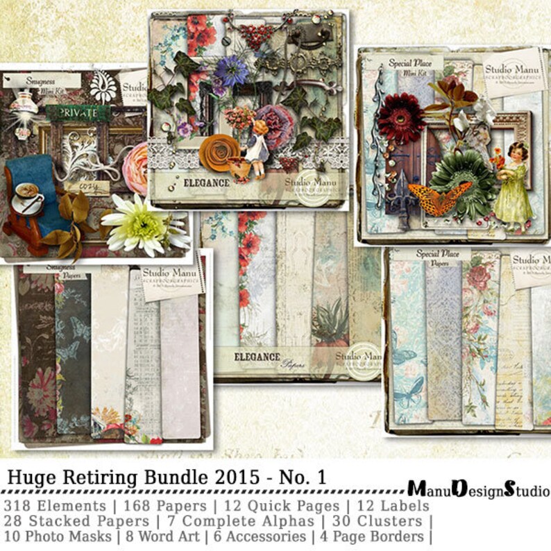May include: A digital scrapbooking kit with a vintage aesthetic. The kit includes 318 elements, 168 papers, 12 quick pages, 12 labels, 28 stacked papers, 7 complete alphas, 30 clusters, 10 photo masks, 8 word art, 6 accessories, and 4 page borders. The kit features a variety of floral patterns, butterflies, and other decorative elements.