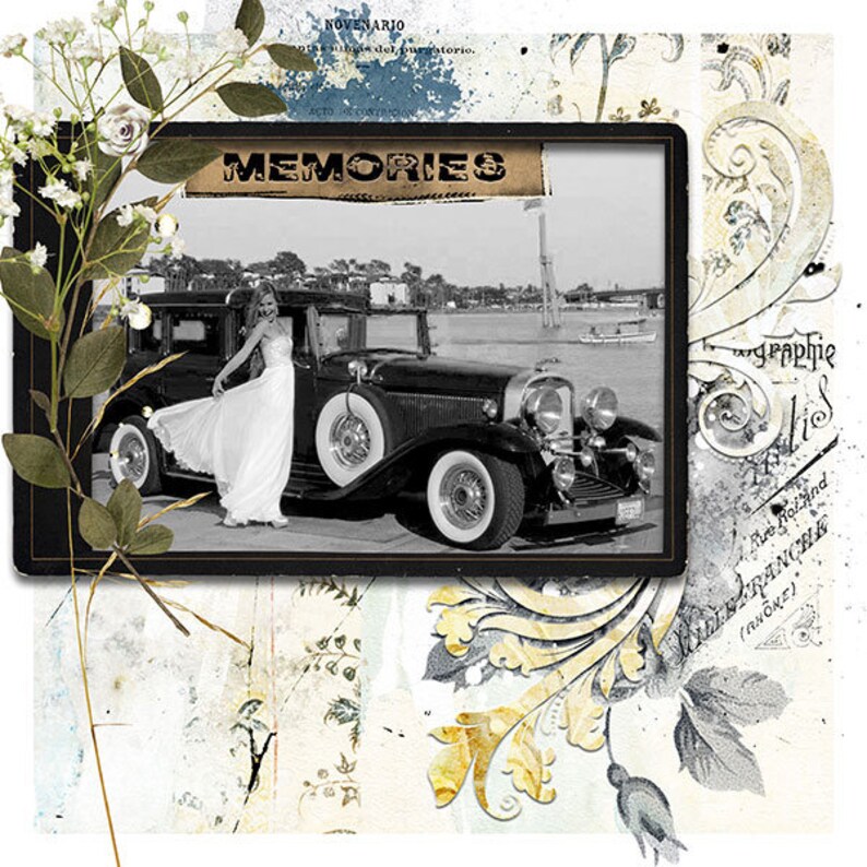 May include: A black and white photograph of a woman in a white dress standing next to a vintage car. The photo is framed in black and has the word "MEMORIES" printed on it in a vintage style font.
