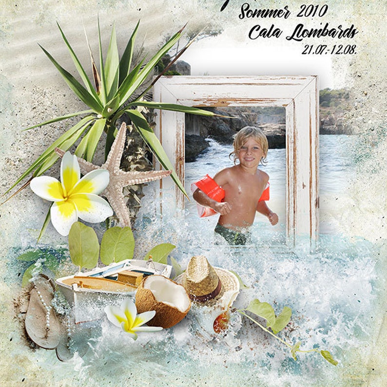 May include: A framed photo of a young boy wearing orange arm floaties and smiling while standing in the water. The photo is set against a background of a beach scene with a palm tree, starfish, and a coconut. The text "Sommer 2010 Cala Lombards 21.07.-12.08." is written above the photo.
