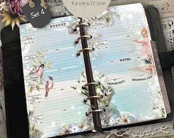May include: A personal size 3.75 by 6.75 inch weekly 2027 planner insert set featuring a light blue background with floral illustrations, birds, and a child in a pink dress. The pages include sections for notes, important tasks, and shopping lists.