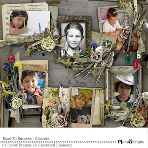 Digitale scrapbooking, framecluster, terug naar school, old school, vintage scrapbookframes, clusterframes, frameset, digitale fotolijsten
