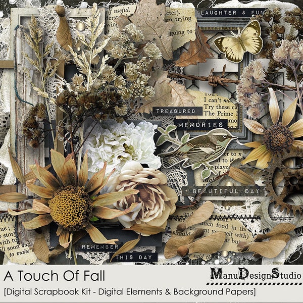 Digital Scrapbooking Kit: A Touch Of Fall,  Vintage Style, Digital Papers, Digital Elements, Shabby Papers, Old Vintage Papers