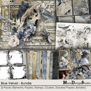 Könnte beinhalten: Ein digitales Scrapbooking-Kit in einem blau-weißen Farbschema. Das Kit enthält Elemente, Papiere, Stempel, Cluster, gestapelte Papiere und Rahmen. Das Kit zeigt einen Vogel in einem Käfig, Blumen und ein Zitat, das lautet: "Ein Lächeln kostet nichts, aber es gibt viel".