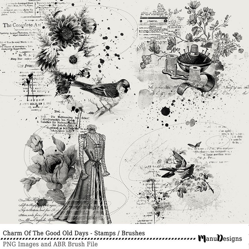 Puede incluir: Collage digital en blanco y negro con ilustraciones vintage de flores, p&aacute;jaros, una mujer con un vestido y un kit de costura. El fondo incluye texto y salpicaduras de tinta.