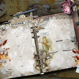 An open ring-bound planner with lined pages featuring vintage-style floral and autumn leaf illustrations. The pages include the text OCTOBER, NOTES, IMPORTANT, and SHOPPING LIST, alongside a central illustration of a person.