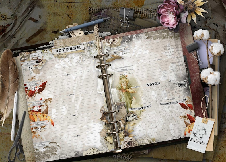 An open ring-bound planner with lined pages featuring vintage-style floral and autumn leaf illustrations. The pages include the text OCTOBER, NOTES, IMPORTANT, and SHOPPING LIST, alongside a central illustration of a person.