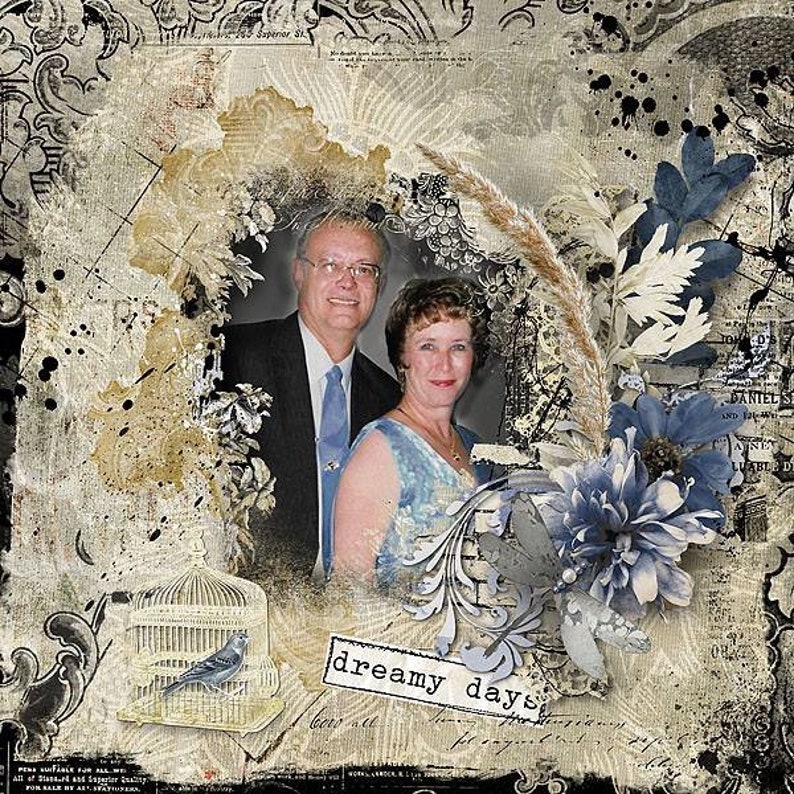 May include: A vintage-style scrapbook page with a photo of a couple, a birdcage, and floral embellishments. The text "dreamy days" is written on a white tag.