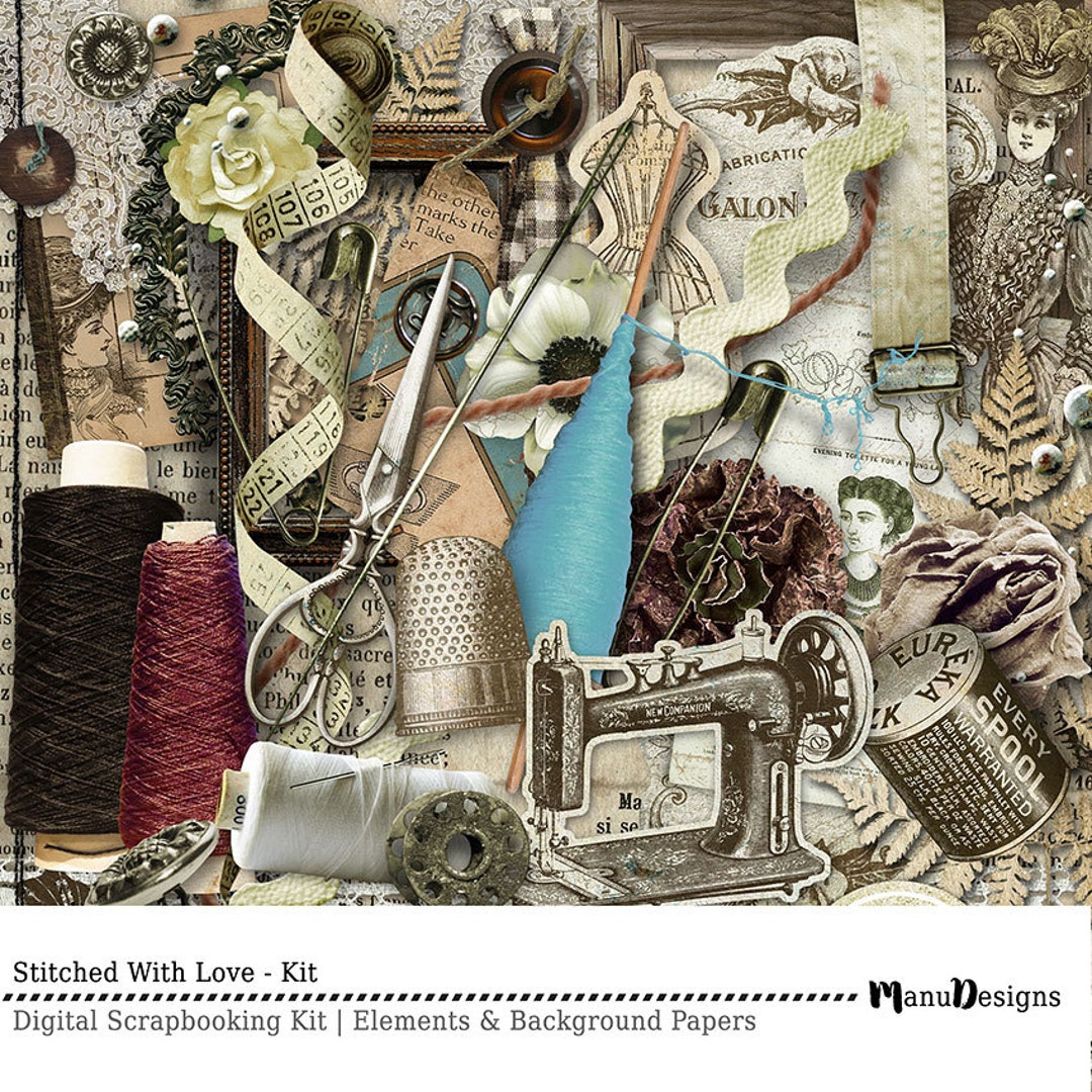 Digital Scrapbooking Kit, Vintage Sewing Scrapbook Kit, Scrapbook