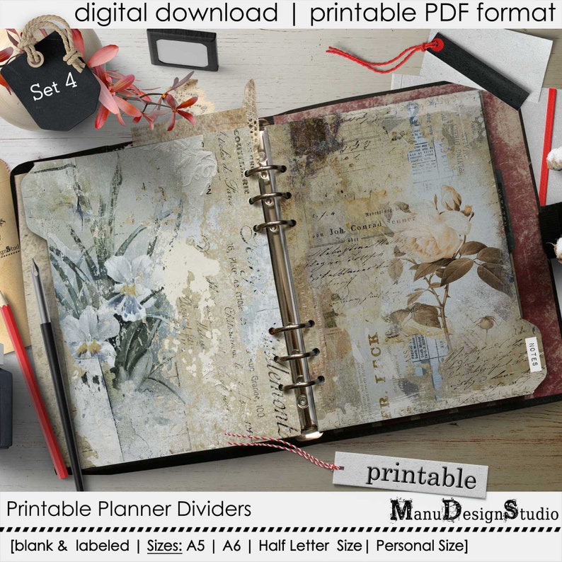 Pretty and Unique Printable Tabbed Planner Dividers, Blank and Labeled, Sizes A5, A6, Personal Size, Half Letter Size image 7