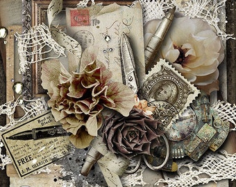 Antique Style Vintage Digital Scrapbook Kit, Printable Papers, Vintage Graphics, Art Journal Supplies