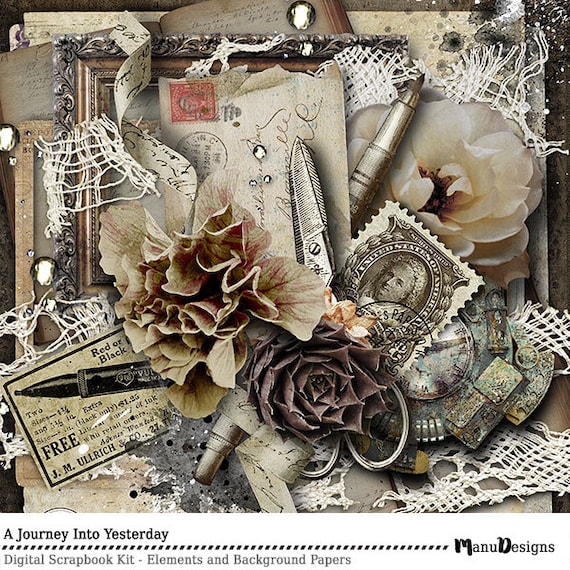 Antique Style Vintage Digital Scrapbook Kit, Printable Papers