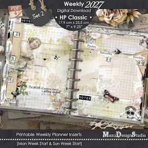 Pode incluir: Um conjunto de inserções de planejador semanal imprimíveis para HP Classic medindo 17,9 cm por 23,5 cm. As páginas apresentam um design de grade de inspiração vintage com detalhes florais, uma ilustração de borboleta e o texto The secret of getting ahead is getting started. Inclui dias da semana, datas e uma seção de notas.