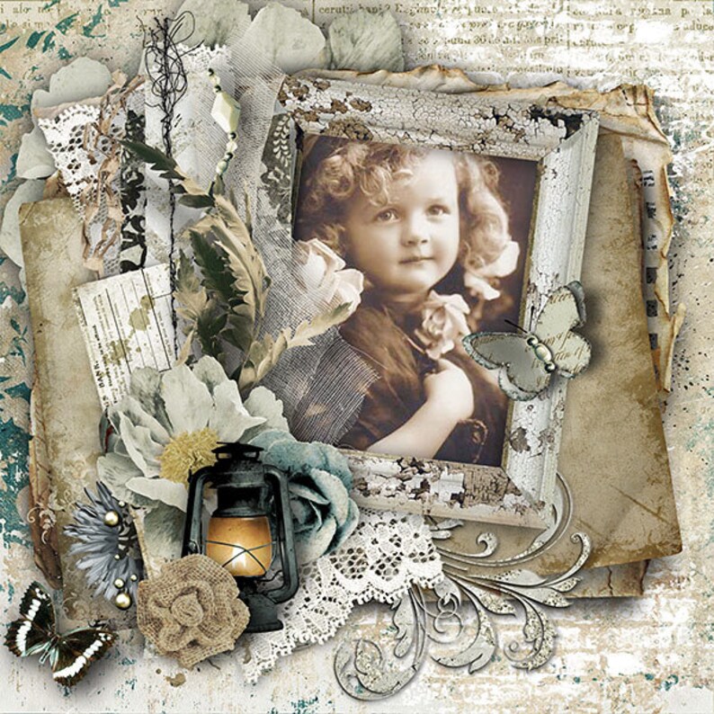 May include: A vintage-style scrapbook page with a framed photo of a young girl, a lantern, flowers, lace, and butterflies. The page has a distressed, aged look with a white background and brown, blue, and green accents.