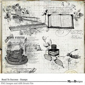 May include: Black and white digital stamp set featuring vintage illustrations of a typewriter, a compass, a ruler, a book, a bottle of ink, a pair of glasses, a quill pen, and a flower. The stamps are designed for scrapbooking, card making, and other paper crafts.