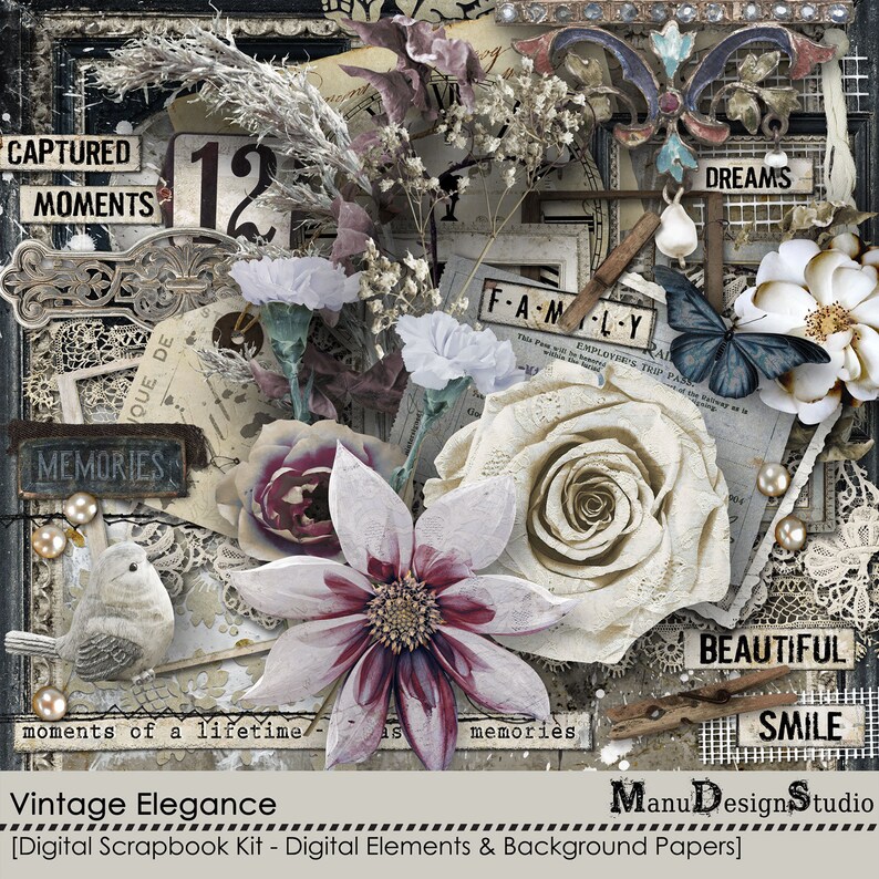 May include: A digital scrapbook kit titled "Vintage Elegance" featuring a collage of vintage elements. The image includes flowers, butterflies, and text elements like "Captured Moments," "Memories," and "Family." The color palette is muted with shades of white, cream, and burgundy.