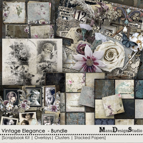 Bundle Of 5 - Vintage Digital Scrapbook Graphics Bundle, Printable Digital Papers, Digital Scrapbook Kit, Vintage Clipart