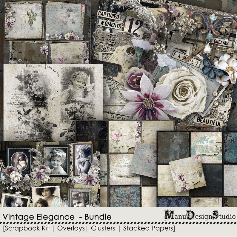 May include: A collage of vintage scrapbook elements, including aged paper, floral accents, and framed portraits. The design features text elements like "Captured Moments" and "Family," with a color palette of muted tones and distressed textures. The bundle is titled "Vintage Elegance."