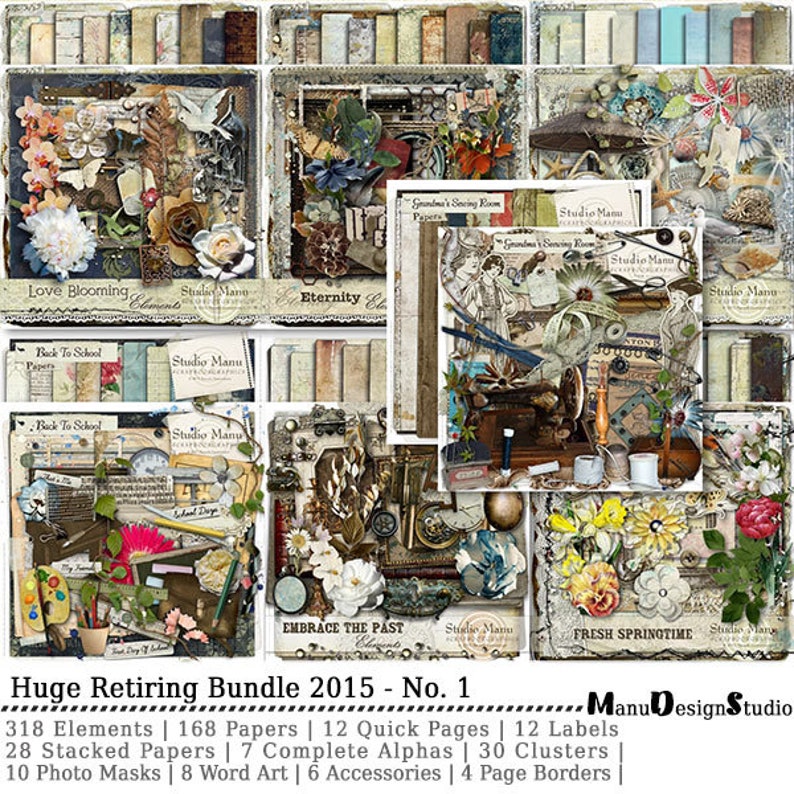May include: A collage of digital scrapbooking elements with a vintage aesthetic. The collage includes images of books, flowers, sewing machines, and other vintage objects. The text "Huge Retiring Bundle 2015 - No. 1" is at the bottom of the collage.