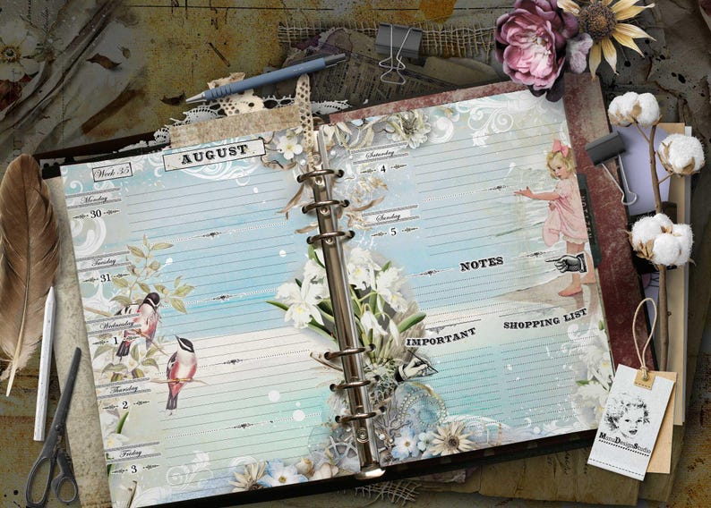 An open ring-bound planner with light blue lined pages featuring the text AUGUST, Week 33, Monday, Tuesday, Wednesday, Thursday, Friday, Saturday, Sunday, NOTES, IMPORTANT, and SHOPPING LIST. The pages are decorated with illustrations of birds, white flowers, and a small child in a pink dress.