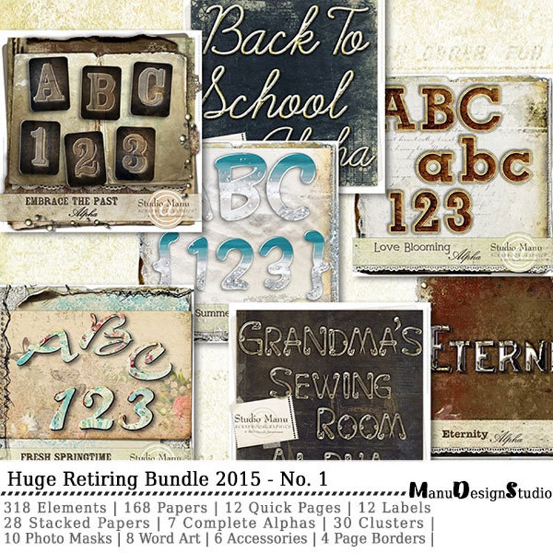 May include: A collage of digital scrapbook paper featuring various fonts and designs. The papers include the letters "ABC" and "123" in different styles, along with phrases like "Back to School", "Grandma's Sewing Room", and "Eternity Alpha".