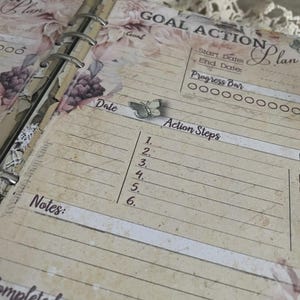 May include: Open planner with floral design and the words "GOAL ACTION Plan". The pages have sections for "Start Date", "End Date", "Action Steps", and "Notes". A small butterfly embellishment is visible on the page.