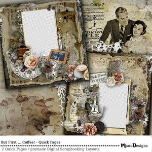 Digital Scrapbook Quick Page, 12x12, Vintage Page, Shabby Quick Page, Heritage, Premade Scrapbook Layout, Coffee Quick, Page, Scrap Layout,