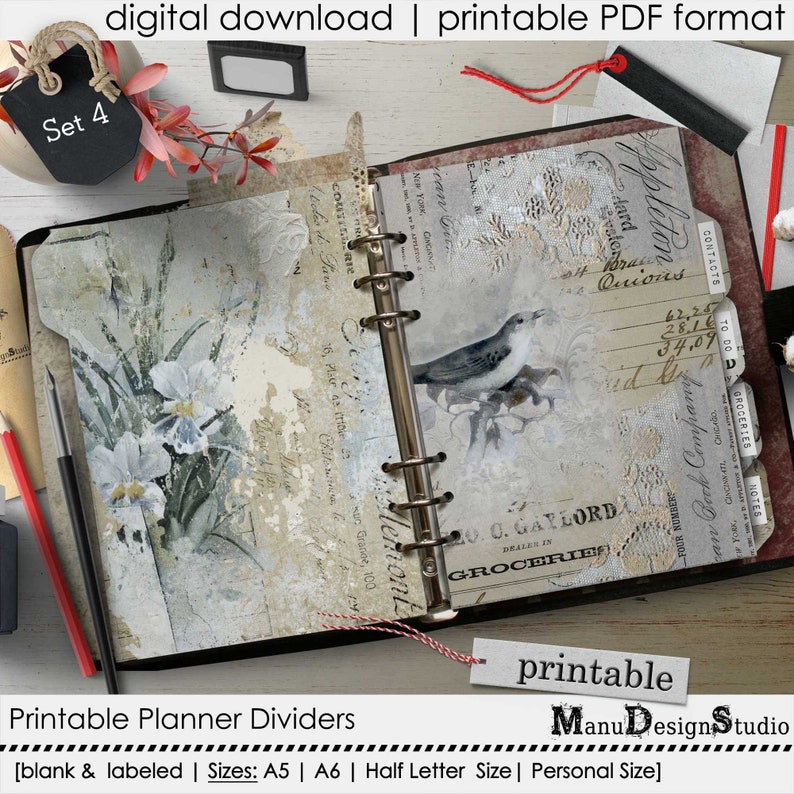 Pretty and Unique Printable Tabbed Planner Dividers, Blank and Labeled, Sizes A5, A6, Personal Size, Half Letter Size image 4