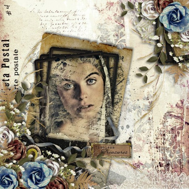 May include: A vintage-style postcard with a faded image of a woman's face. The postcard is decorated with flowers, lace, and handwritten text. The text on the postcard reads "Stampa Postale Arte postale".