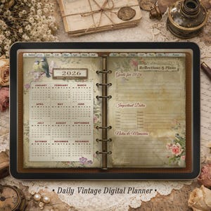 Peut inclure: Un agenda numérique d'aspect vintage. Il comprend un calendrier 2026, des sections pour les objectifs, les dates importantes et les notes. Le design comprend des illustrations florales et d'oiseaux, avec le texte "Daily Vintage Digital Planner."