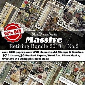 May include: A digital collage kit with a red starburst graphic that says "92% OFF" and the text "Massive Retiring Bundle 2018 - No.2" over 200 papers, over 450 elements, 44 Stamps & Brushes, 97 Clusters, 30 Stacked Papers, Word Art, Photo Masks, Overlays & 1 Complete Photo Book.
