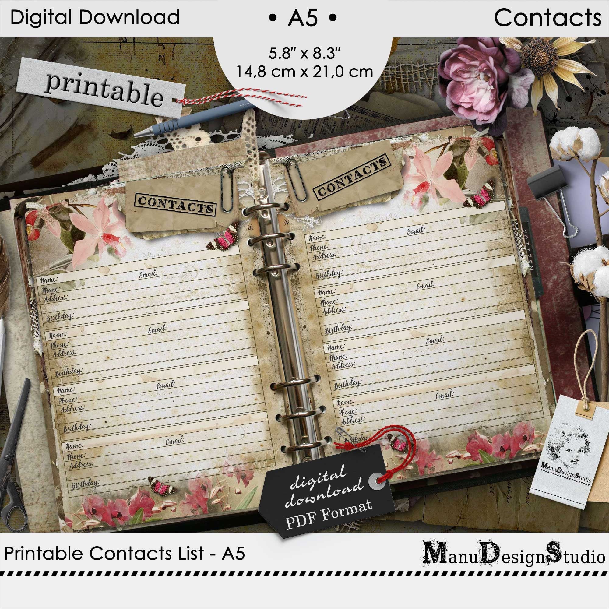 Printable Contacts Page, A5 Address Book, Vintage Style Planner Inserts, Contacts List