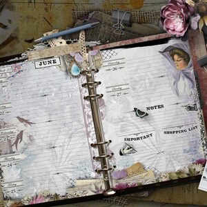 An open ring-bound planner featuring a vintage-style layout for June. The pages include lined sections for days of the week, notes, and shopping lists, decorated with floral motifs, a butterfly, and a portrait of a person in a bonnet.